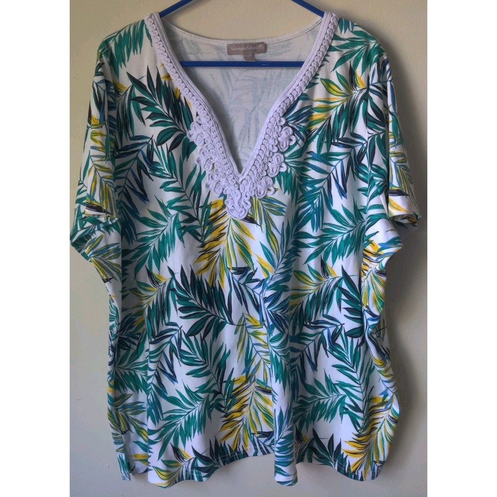 Woman Within Women's Top V-Neck Tropical Print Blue/Green/White‎ Size 2X 26/28